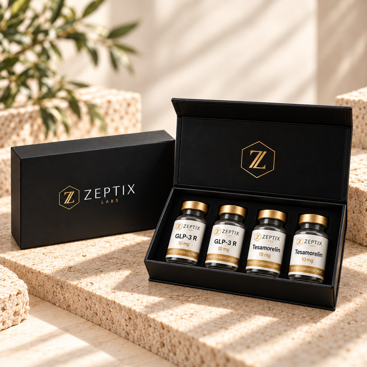 Zeptix Labs research vials in a black presentation box with gold caps